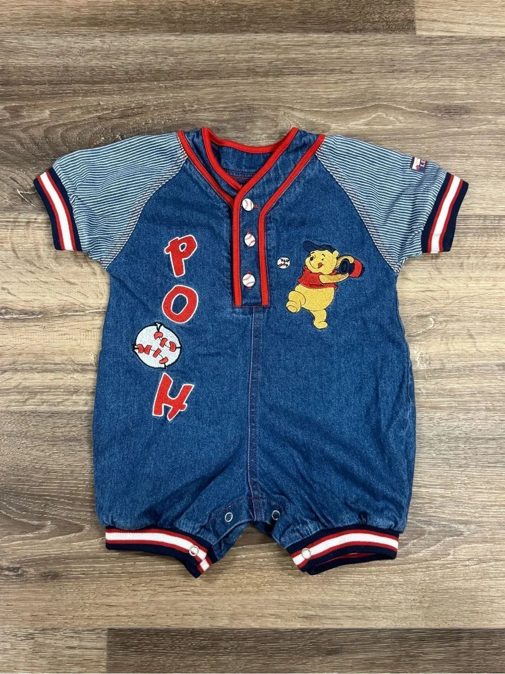 Disney Winnie The Pooh Vintage Baseball Denim Romper Baby Boy 12-18M